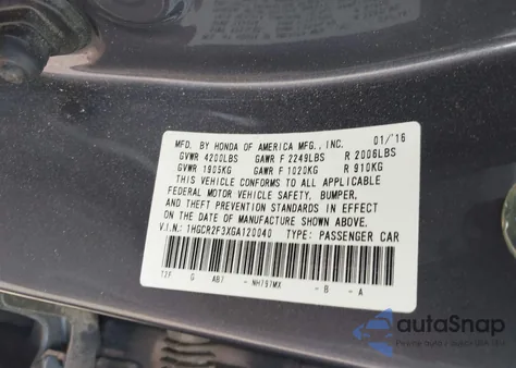 2016 Honda Accord Lx from USA, damaged, VIN 1HGCR2F3XGA120040